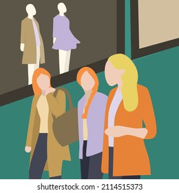 Creative Vector illustration drawing of Girls shopping and walking in London. Three girls having fun in the city while shopping. Best friends sharing happiness, lifestyle, and friendship concepts.