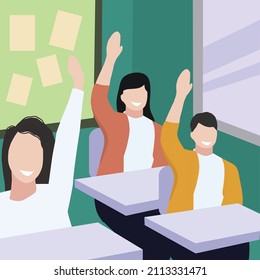 Creative Vector illustration drawing of A group of high school students sitting in class vying to raise their hands to answer the teacher's question. Modern Design Illustration