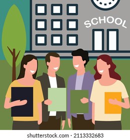 Creative Vector illustration drawing of a group of students and a teacher having a very happy discussion in the school garden. Modern Design Illustration Vector