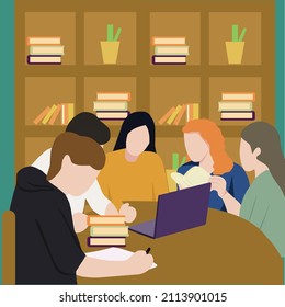 Creative Vector illustration drawing of group of students are studying in groups at the center, working on group assignments that must be collected immediately. Modern Design Illustration Vector