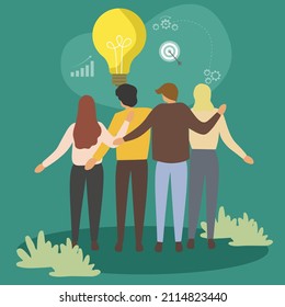 Creative Vector illustration drawing of a group of young businesspeople with diversity come together to support each other to get business ideas and targets. Modern Design Illustration Vector