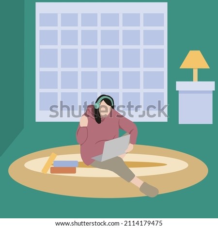 Creative Vector illustration drawing of Happy teen girl school college student waving hand video conference calling on laptop computer sit on floor distance learn zoom online virtual meeting at home.
