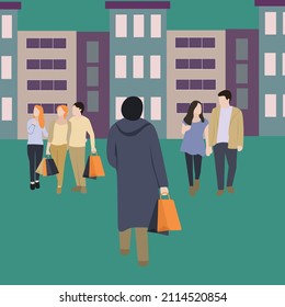 Creative Vector illustration drawing of a man carrying shopping bags in a shopping center in London, in the middle of a crowd of people who are also shopping. Modern Design Illustration Vector 