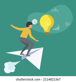 Creative Vector illustration drawing of a manager flies on a paper airplane to a business idea, target, business chart. Good manager concept. Modern Design Illustration Vector 