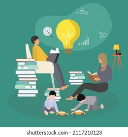 creative Vector illustration drawing of mom and dad read a lot of books to get a lot of ideas, accompanied by 2 kids playing toy cars. Parenthood Concept. Modern Design Illustration Vector 