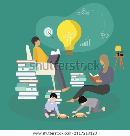 creative Vector illustration drawing of mom and dad read a lot of books to get a lot of ideas, accompanied by 2 kids playing toy cars. Parenthood Concept. Modern Design Illustration Vector 
