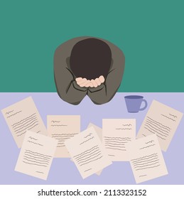 Creative Vector illustration drawing of Shocked stressed a man reading document letter from the bank about loan debt financial problem, frustrated worried about bills notification.