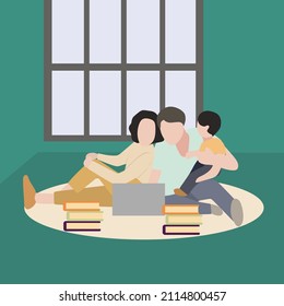 Creative Vector illustration drawing of a small family with 1 child is planning their vacation by searching for vacation packages on the laptop. The concept of relaxing together on the floor.