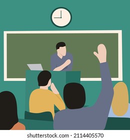 Creative Vector illustration drawing of a student raises his hand in class to ask a question while the teacher is explaining the lesson. Modern Design Illustration Vector