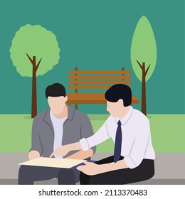 Creative Vector illustration drawing of Teacher Sitting Outside Helping Boy Students to understand the lesson. Happy learning, good teacher, and student. Modern Design Illustration Vector