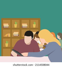 Creative Vector illustration drawing of a teacher teaches a student in the library, to catch up in class. happy exemplary teacher concept. Modern Design Illustration Vector