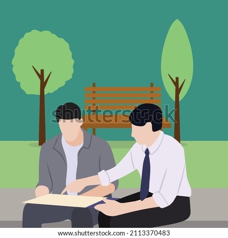 Creative Vector illustration drawing of Teacher Sitting Outside Helping Boy Students to understand the lesson. Happy learning, good teacher, and student. Modern Design Illustration Vector