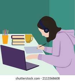 Creative Vector illustration drawing of Teen girl school pupil wearing studying online from home making notes. Teenage student distance learning on a laptop doing homework. Remote education concept.