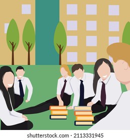 Creative Vector illustration drawing of Teenage Students In Uniform Working On Project Outdoors. Learning Outdoors concept. Enjoy Learning Outdoors at school. Modern Design Illustration Vector