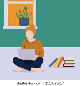 Creative Vector illustration drawing of A young female student sitting on the floor, using headphones when studying at home. enjoy studying online. Smart Women Concept. Modern Design Illustration