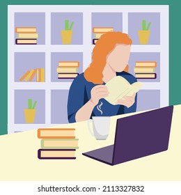 Dibujo ilustrativo de un Vector creativo de una estudiante joven que estudia en casa. Usa una laptop y aprende en línea con un café caliente. Disfruté aprendiendo en línea en casa. Ilustración moderna de diseño