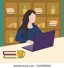 Creative Vector Illustration Drawing Of Young Woman School College Student Wear Headphones Learn Watching Online Webinar Webcast Class Looking At Laptop ELearning Making Notes Or Video Calling.