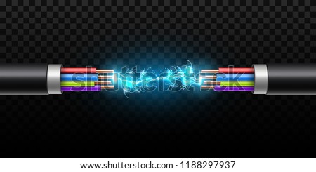 Creative vector illustration of electric glowing lightning between colored break cable, copper wires with circuit sparks isolated on transparent background. Art design. Abstract concept element ストックフォト © 