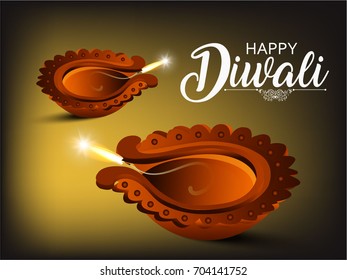 Creative vector illustration of Elegant card design of traditional Indian festival Diwali with lamps. 