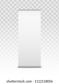 Creative vector illustration of empty roll up banners with paper canvas texture isolated on transparent background. Art design blank template mockup. Concept graphic promotional presentation element