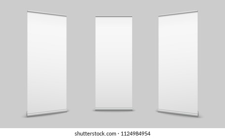 Creative vector illustration of empty roll up banners with paper canvas texture isolated on transparent background. Art design blank template mockup. Concept graphic promotional presentation element