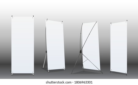 Creative vector illustration of empty roll up banners with paper canvas texture isolated on transparent background. Art design blank template mockup. Concept graphic promotional presentation element.