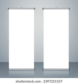 Creative vector illustration of empty roll up banners with paper canvas background(texture isolated on transparent). Art design blank template mockup. Concept graphic promotional presentation element.