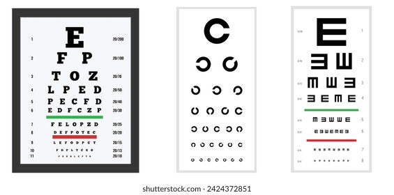 Creative vector illustration of eyes test charts. Art design medical poster with sign.