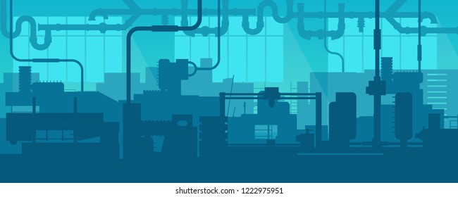 Creative vector illustration of factory line manufacturing industrial plant scen interior background. Art design the silhouette of the industry 4.0 zone template. Abstract concept graphic element