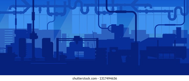 Creative vector illustration of factory line manufacturing industrial plant scen interior background. Art design the silhouette of the industry 4.0 zone template. Abstract concept graphic element