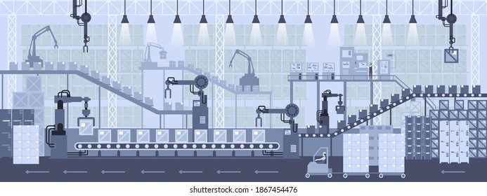 Creative vector illustration of factory line. Manufacturing industrial plant scene interior background. Automated sorting and product control. 