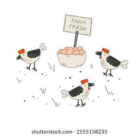 A creative vector illustration of farmers produce - basket full of fresh chicken eggs. Meanwhile, hens are walking nearby peacefully pecking grain. All in light beige hues isolated plain background.