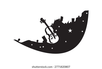 A creative vector illustration featuring a black silhouette of a violin placed within the curve of a crescent moon. The design includes sparkling star shapes, creating a magical and musical night theme, perfect for artistic projects or music posters.