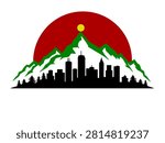 Creative vector illustration featuring a city skyline silhouette in front of majestic mountain peaks inspired by Colorado landscapes. The design includes a vibrant sunset background, pine trees, and an urban skyline, symbolizing the connection between nature and modern city life. Ideal for tourism promotions, travel branding, outdoor adventure themes, posters, apparel designs, stickers, logos, and Colorado-related projects.