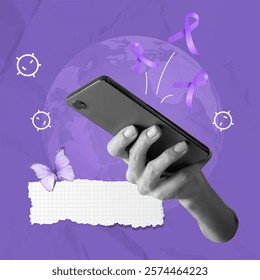 A creative vector illustration featuring a hand holding a smartphone amidst butterfly and cancer awareness ribbons, perfect for World Cancer Day campaigns.