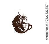 Creative vector illustration featuring Ludwig van Beethoven portrait integrated with a coffee cup and rising steam, suitable for cafe logo.