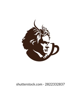 Creative vector illustration featuring Ludwig van Beethoven portrait integrated with a coffee cup and rising steam, suitable for cafe logo.