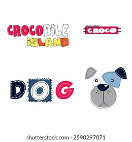 A creative vector illustration featuring patchwork-style typography and a cute dog face. The text elements include "CROCODILE ISLAND," "CROCO," and "DOG," designed with a stitched, fabric-like effect.