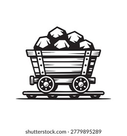 A creative vector illustration featuring a vintage mine cart filled with jagged coal rocks on tracks designed in a simple flat black and white style.