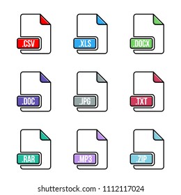 Creative vector illustration of file type icon set isolated on background. Art design flat lable. Document formats. Abstract concept graphic pictogram element for web, multimedia, computer technology