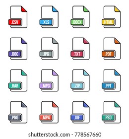 Creative vector illustration of file type icon set isolated on background. Art design flat lable. Document formats. Abstract concept graphic pictogram element for web, multimedia, computer technology.