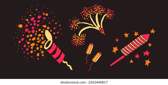 A creative vector illustration of fireworks, rockets, and colorful bursts in warm tones of red and orange, set against a deep dark background. Designed for festive projects.