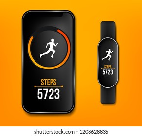 Creative vector illustration of fitness counter run app in phone and wrist band bracelet, activity tracker isolated on background. Art design smartphone template. Abstract concept graphic element