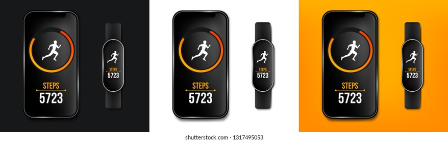 Creative vector illustration of fitness counter run app in phone and wrist band bracelet, activity tracker isolated on background. Art design smartphone template. Abstract concept graphic element svg