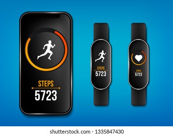 Creative vector illustration of fitness counter run app in phone and wrist band bracelet, activity tracker isolated on background. Art design smartphone template. Abstract concept graphic element