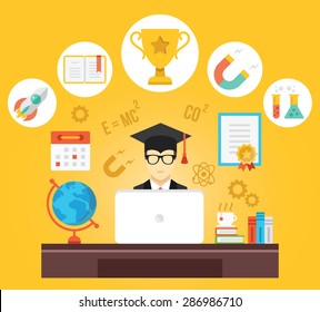 Creative vector illustration with flat concept icons set depicted education, distance education, high school, online tutorials, graduation, knowledge