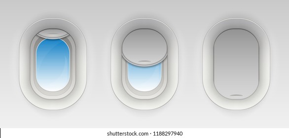 Creative vector illustration of flight airplane window, blank plane portholes isolated on transparent background. Art design aircraft open and closed illuminator. Abstract concept graphic element