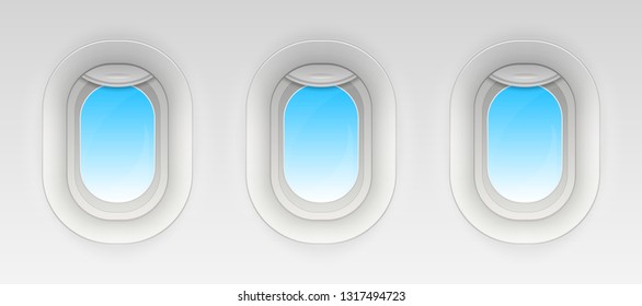 Creative vector illustration of flight airplane window, blank plane portholes isolated on transparent background. Art design aircraft open and closed illuminator. Abstract concept graphic element