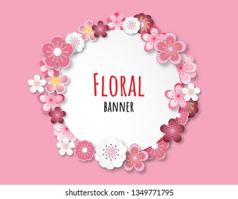 Creative vector illustration floral banner background paper cut style. Plum flower or cherry blossom banner. Invitation card, sale, template, poster, advertising board, flyer, brochure, voucher.
