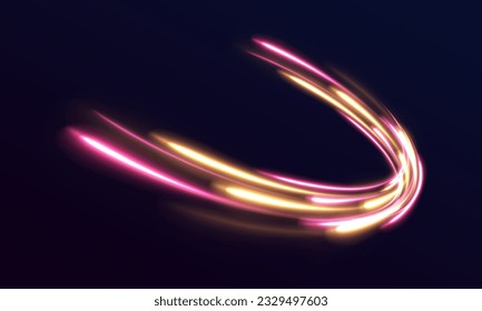 Creative vector illustration of flying cosmic meteor, planetoid, comet, fireball isolated on transparent background. Light everyday glowing effect. semicircular wave, light trail curve swirl, optical.